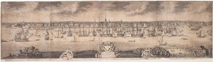 Jižní vyhlídka Ye vzkvétající město New York v provincii New York v Americe, vyryto Johnem Harrisem, 1717-18
