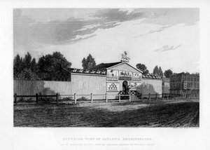 Vnější pohled na Astleys Amphitheater v Londýně, jak to vypadalo v roce 1777, 1840
