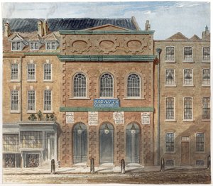První budova opery v Haymarket, vyhořela v roce 1789