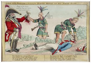 Scéna na hranicích, jak ji praktikují humánní Britové a jejich hodní spojenci, hospoda. 1812 (ručně kolorovaná rytina)