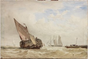 Hayboat (akvarel, barva těla a škrábání na kartě) od Clarkson Frederick Stanfield