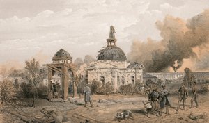 Kostel v zadní části Redanu, při pohledu na sever, ukazující účinky výstřelu a střely od William Crimea Simpson