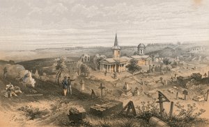 Karanténní hřbitov a kostel s francouzskou baterií č. 50 od William Crimea Simpson