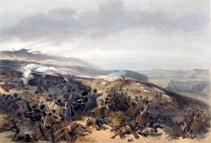 Druhé dobití stráží, když v bitvě u Inkermanu znovu dobyli baterii se dvěma děly, vyrytou Edmondem Morinem (1824-82) z The Seat of War in the East – první série, nakladatelství Colnaghi und