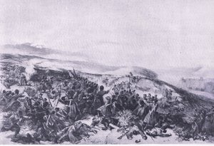 Druhý útok na gardy, když znovu dobyli dvě dělové baterie v bitvě u Inkerman, ilustrace z britských bitev na souši a na moři, 1915 od William Crimea Simpson