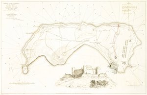 Generální plán obrany ostrova Banda Neira, počátek 19. století (kolorovaný lept) od William Daniell