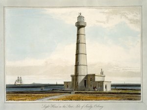 Light House on the Start, Isle of Sandy, Orkneje, z knihy "A Voyage Around Great Britain Undertaken between the Years 1814 and 1825" (Cesta kolem Velké Británie v letech 1814-1825), vydané v roce 1821. od William Daniell