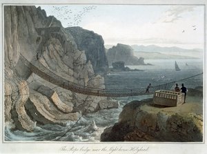 „Provazový most poblíž majáku, Holyhead“, Anglesey, Wales, 1829 od William Daniell