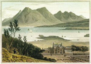 Západní pohled z ostrova Raasay (Skotsko) s popisem velké budovy a přilehlých zahrad. Barevný lept William Daniell (1769-1837) od William Daniell