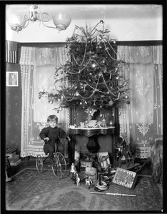 Seymour chlapec pózoval sedící na tříkolce vedle vánočního stromku v salonu, Vánoce 1912 od William Davis Hassler