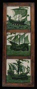 Dlaždicový panel lodí v plné plachtě, v rámu, cca 1865-80 (keramika) od William de Morgan