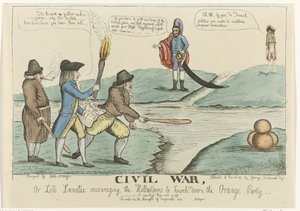 Anglická karikatura nizozemských občanských sporů, 1787 Občanská válka nebo Lord šílenec povzbuzující Hollandery, aby srazili Orange Party (název na objektu) od William Dent