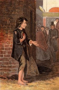 Dítě žebrající o peníze na nákup chleba (chromolitho)