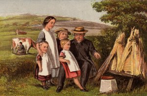 Průmysl: rodina na venkově s úly (chromolitho)