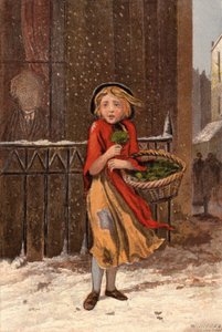 Chudinka prodávající řeřichu na zasněžené ulici (chromolitho)