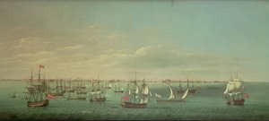 Britští, francouzští, portugalští a španělští obchodníci a váleční muži u Cádizu od William Dixon