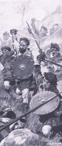 The Highlanders at the Battle of Killiecrankie, ilustrace z britských bitev na souši a na moři, 1915 od William Edward Stott