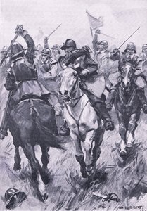 Jezdecký konflikt u Dunbaru 3. září 1650, ilustrace z knihy Britské bitvy na souši a na moři , 1915. od William Edward Stott