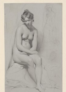 Sedící nahá modelka s vysokým účesem, znovu načrtnutá vedle od William Etty