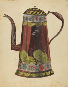 Toleware plechová konvice na kávu, c. 1937.