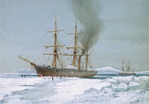Loď HMS "Discovery" proplouvá ledem, loď určená pro výpravy do Antarktidy. Akvarel, asi 1901, autor William Frederick Mitchell (1845-1914). od William Frederick Mitchell