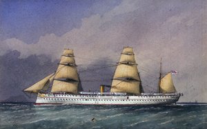 Loď HMS "Jumna" (1866), loď s železným trupem, určená k přepravě vojáků z indického subkontinentu a zpět. Akvarel