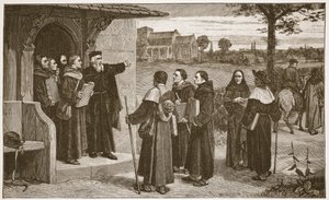 Wycliff posílá své ‚chudé kněze‘, ilustrace z ‚The Church of England: A History for the People‘ od H.D.M. Spence-Jones, hospoda. c.1910 (sépiová fotografie) od William Frederick Yeames