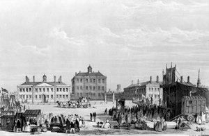 Stará liverpoolská ošetřovna a almužny, s cirkusem Johna Cooka v popředí, kolem roku 1826