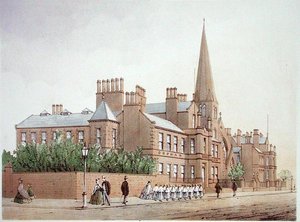 Orphan Boys Asylum, z „Modern Liverpool Illustrated“ od Williama Gavina Herdmana a A. Pickeringa, vydáno 1864 (barevně lito)