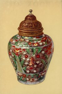 Sklenice, dynastie Ming, čínská, s perským mosazným krytem (barevné lito)