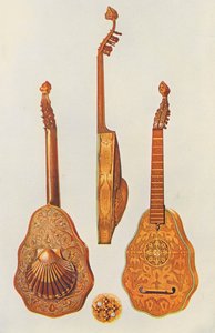 Hudební nástroje: Loutna královny Alžběty (barevná litografie) od William Gibb