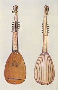 Hudební nástroje: Theorba (barevná litografie) od William Gibb