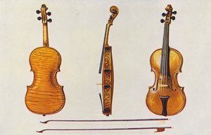 Hudební nástroje: Hellier Stradivarius a dva staré smyčce, které se vyznačují fládrováním (barevná litografie)