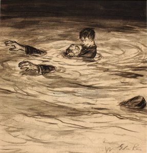 Posadí se Gothecorovi na záda a pak mu pravou rukou objímá krk - pravidelné objetí garotte. od William Glackens