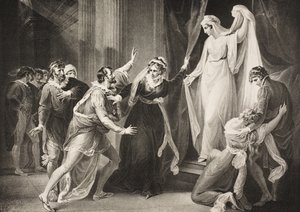 Kaple v Paulině domě, dějství V, scéna III, z „Zimní pohádky“, z galerie Boydell Shakespeare, vydané koncem 19. století od William Hamilton