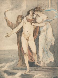 Leander se rozchází s hrdinou před plaváním zpět přes Hellespont od William Hamilton