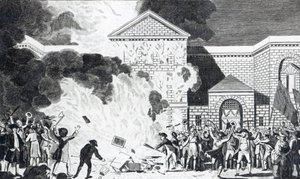 Devastace způsobené vzbouřenci z Londýna vypálením New Gaol of Newgate a spálením nábytku pana Akermana undc, 6. června 1780, vyryto T. Thorntonem od William Hamilton