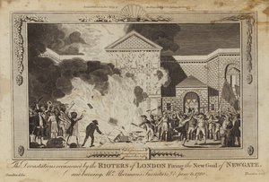 Devastace způsobené londýnskými výtržníky, kteří vystřelili novou branku Newgate od William Hamilton