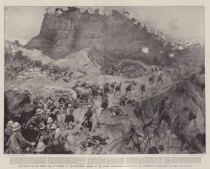 Útok na vrch Dargai dne 20. října, průsmyk spěchali Gordon Highlanders, následovaný Dorsetshires, Derbyshires, 3. Sikhy a Gurkhy od William Hatherell