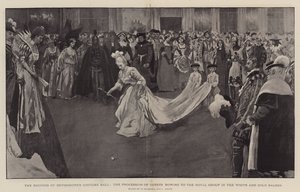 Kostýmní ples vévodkyně z Devonshire, průvod hostů klanějících se královské skupině v Bílém a zlatém salonu, 1897 od William Hatherell