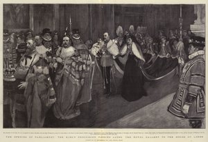 Otevření parlamentu, královský průvod procházející podél Královské galerie do Sněmovny lordů