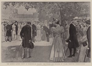 Královnina zahradní slavnost v Buckinghamském paláci, princ a princezna z Walesu přijímají prezentace
