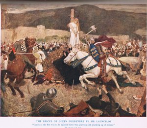 Záchrana královny Guenevere od sira Lancelota, ilustrace z 
