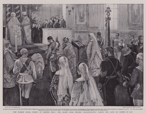 Ruská královská rodina v Zarskoe Selo, velkovévoda Michael Alexandrovič složil přísahu o dosažení zletilosti od William Hatherell