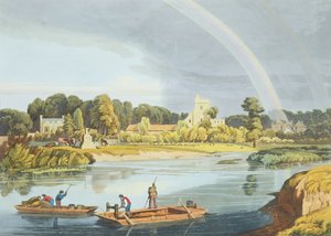 Kostel Staines s městským kamenem na břehu řeky, vyrytý Robertem Havellem mladším (1793-1878), vydáno 1818 (akvatinta) od William Havell