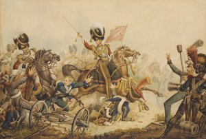 1. Life Guards nabíjející francouzské dělostřelectvo v bitvě u Waterloo v roce 1815, 1820 od William Heath