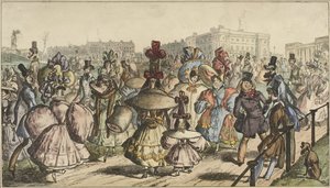 Muži a ženy v nápadném oblečení, procházky v parku ve městě The Park - 1830 (název na objektu) od William Heath