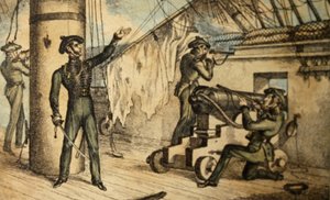 Námořní puškaři v akci na palubě neidentifikované válečné lodi, kolem roku 1835 (ručně kolorovaný lept) od William Heath