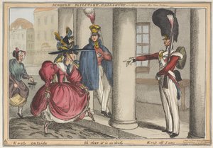 "Moderní vojenská galantnost - náčrtek u Nové palácové pevnosti venku - Ach bože, je tak špinavá", asi 1829 (kolorovaný lept) od William Heath