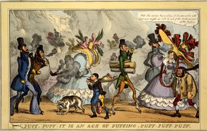 Puff, Puff, to je věk bafání, Puff, Puff, Puff, hospoda. Thos. McLean, Londýn, 1827 (ručně kolorovaná rytina) od William Heath